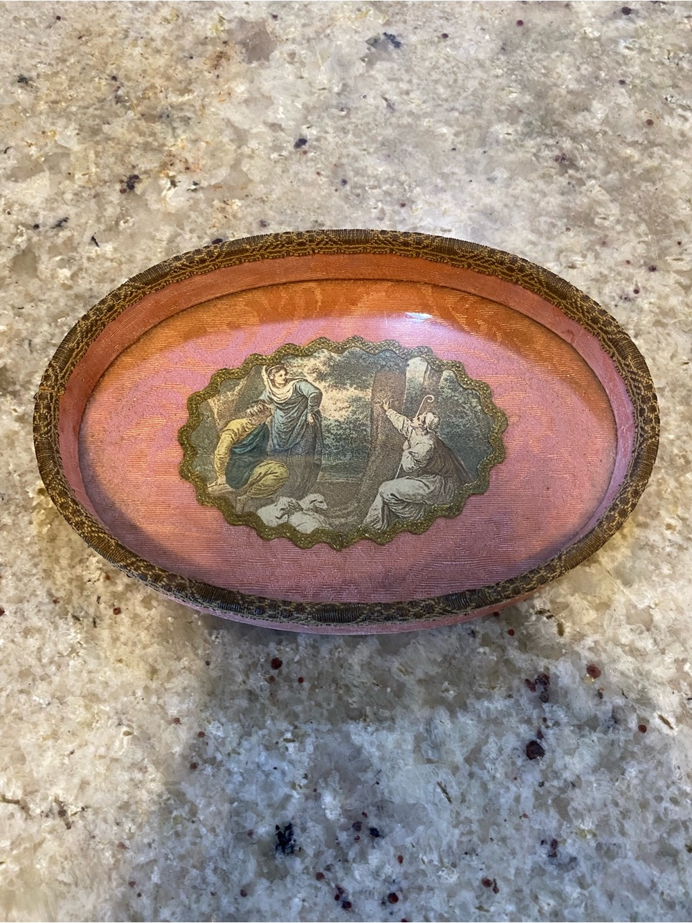 Decorative Pink Oval Trinket Dish with Vintage Scene